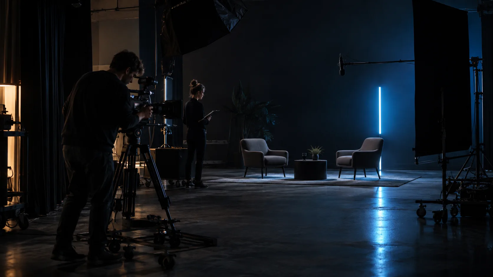 Camera operator and producer preparing a contemporary studio interview set