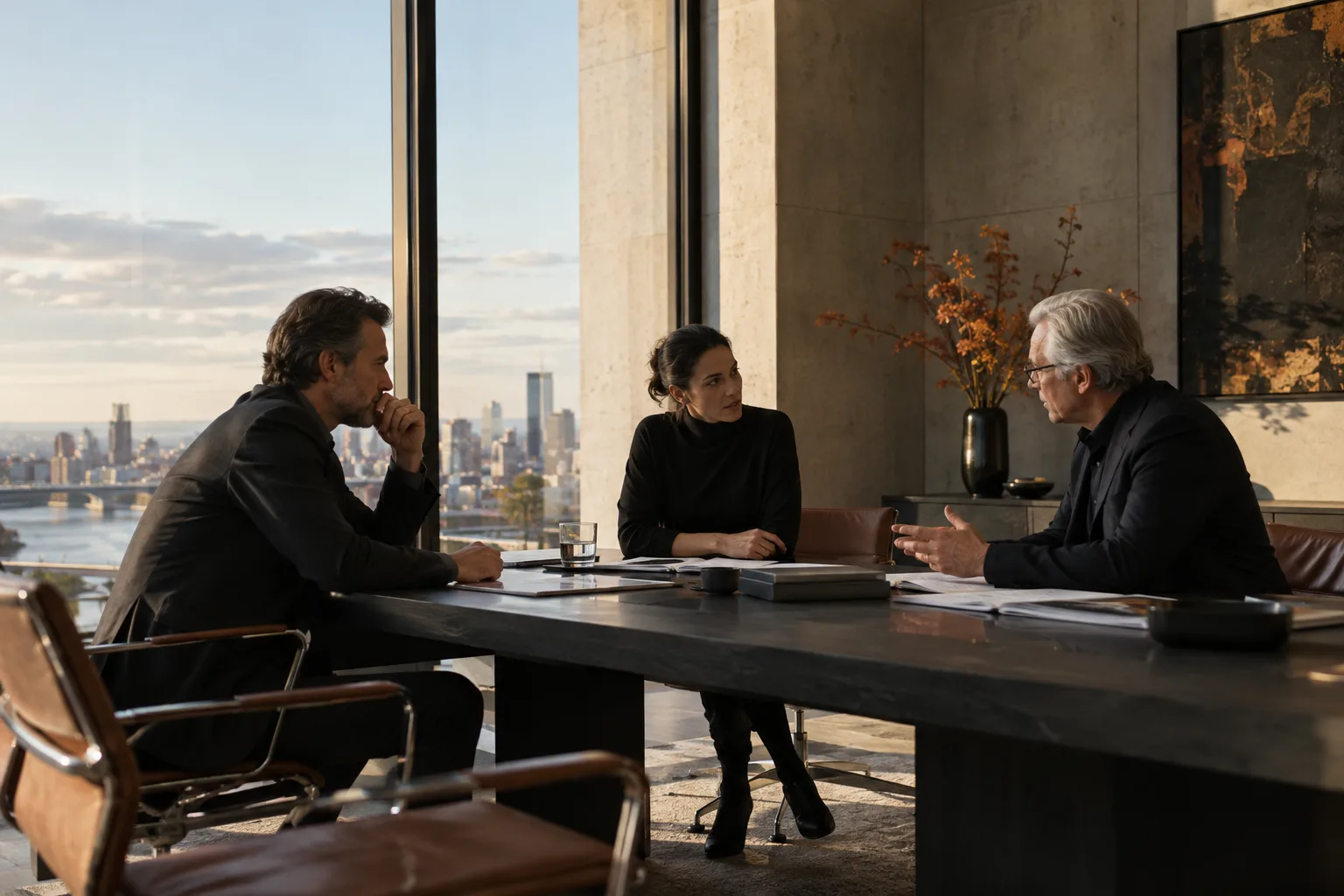 Senior commercial professionals in a focused strategic discussion