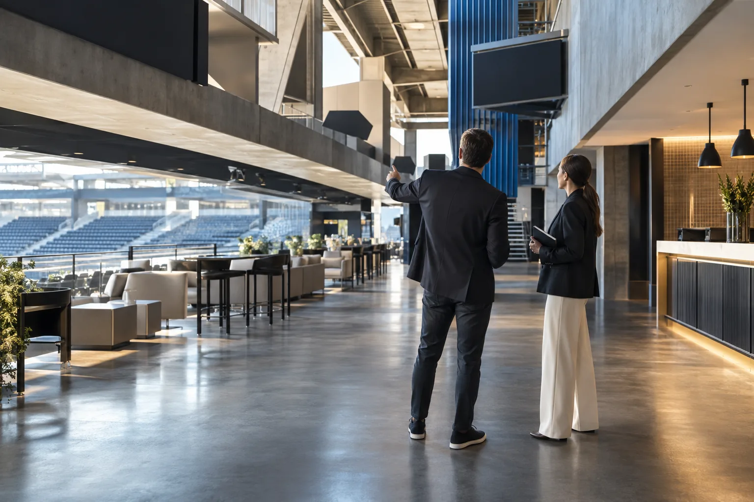 Commercial professionals reviewing a modern stadium partnership environment