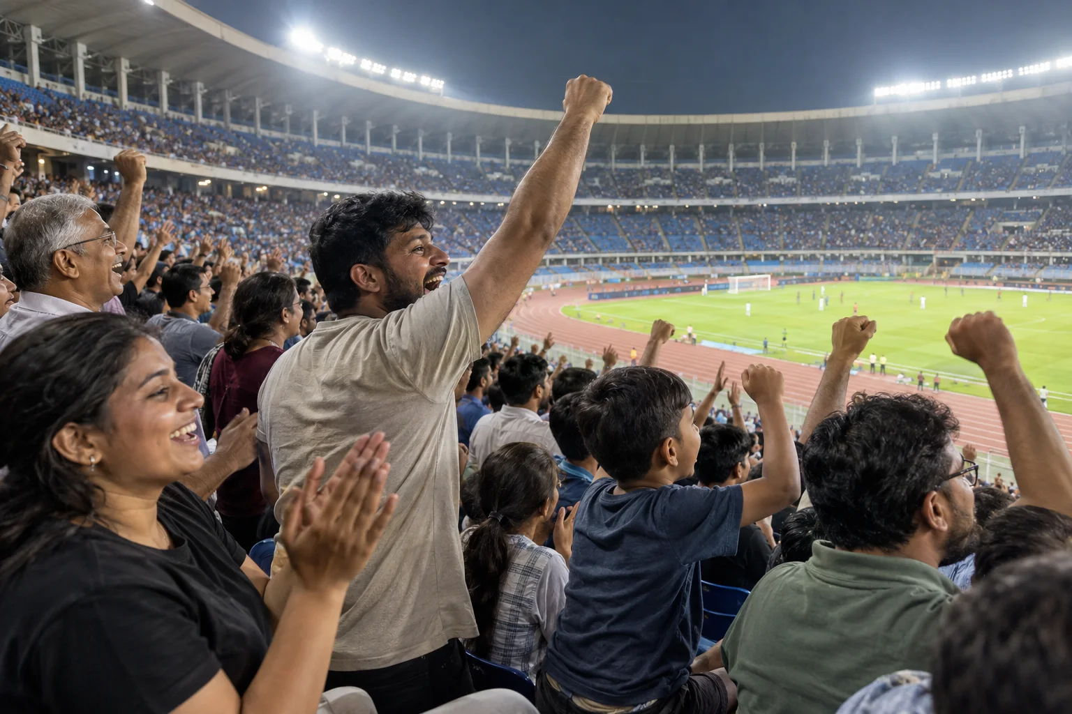 Illustrative scene of club-neutral football supporters in a Kolkata stadium, with the pitch and stands visible