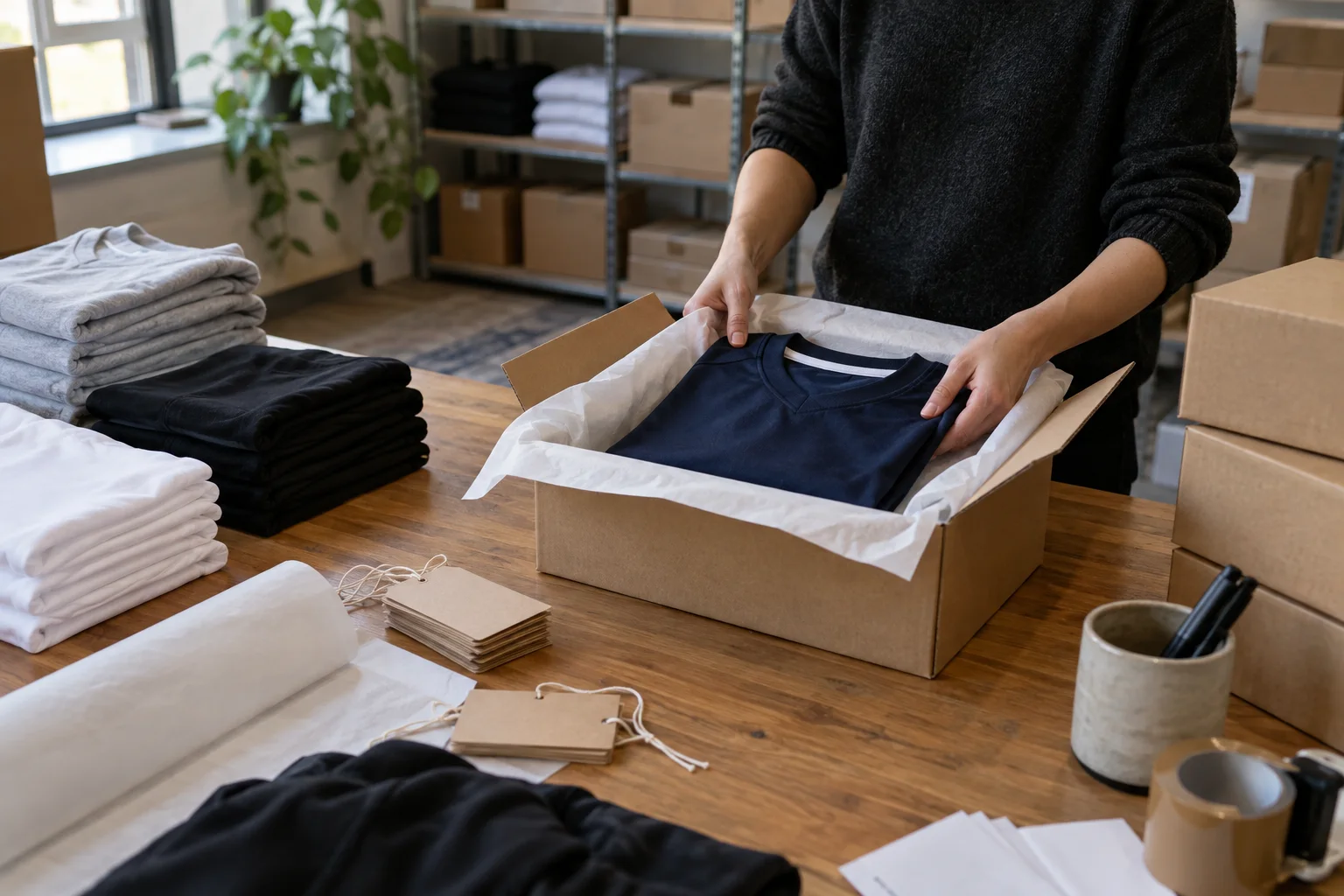 Unbranded apparel being prepared for delivery in a merchandise workspace