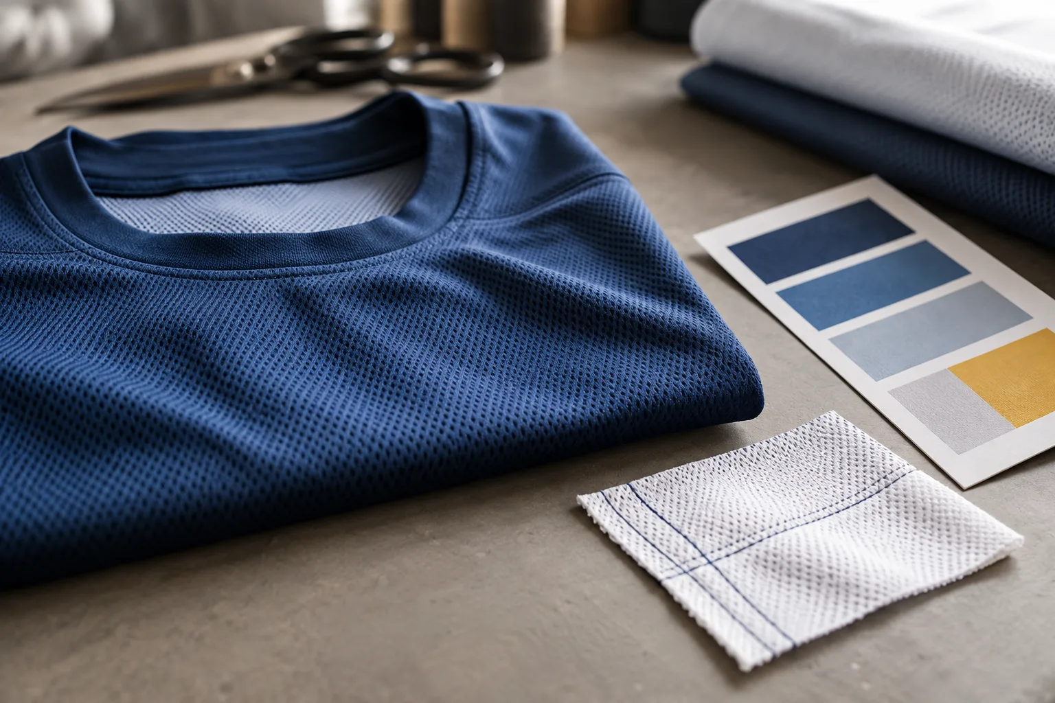 Unbranded jersey fabric and apparel samples on a worktable