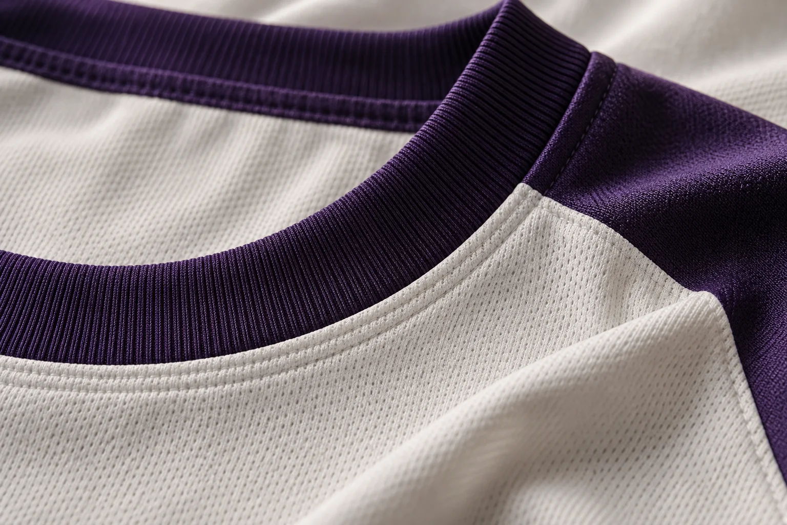 Close detail of an unbranded jersey collar and fabric construction