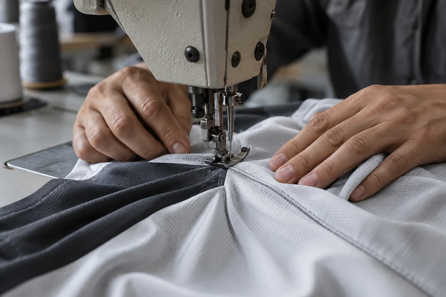 Unbranded jersey fabric being sewn in a garment workshop