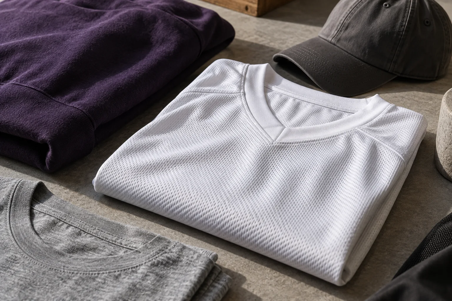 Unbranded jersey, T-shirt, sweatshirt and cap arranged to show their materials