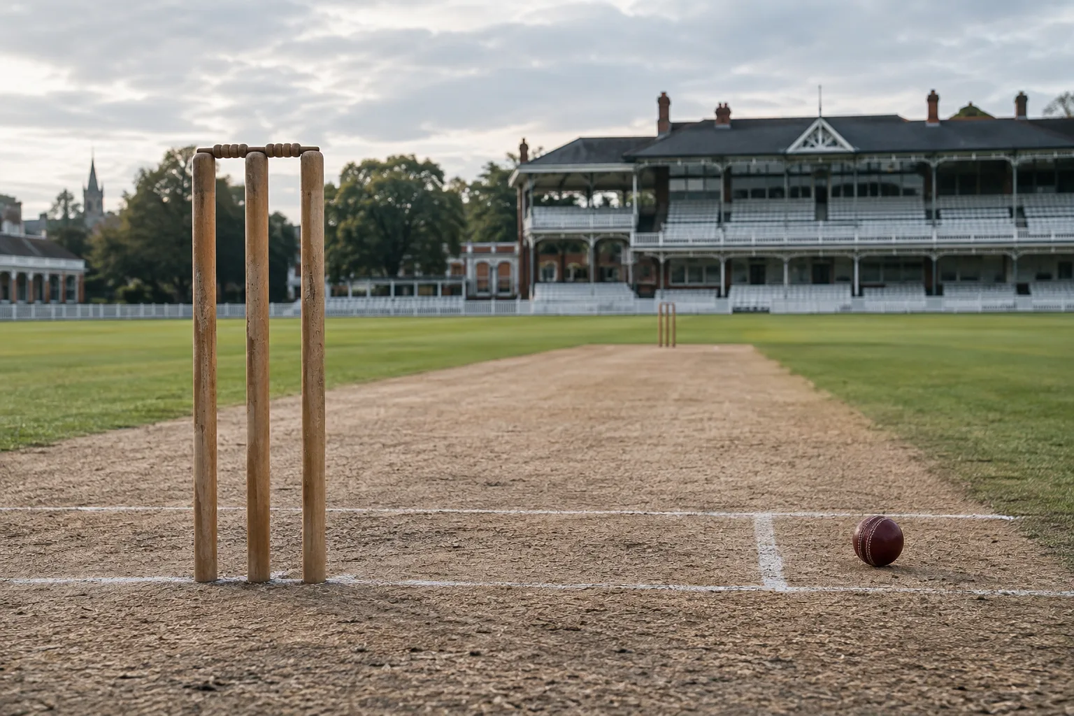 Cricket wicket and ball on a prepared ground