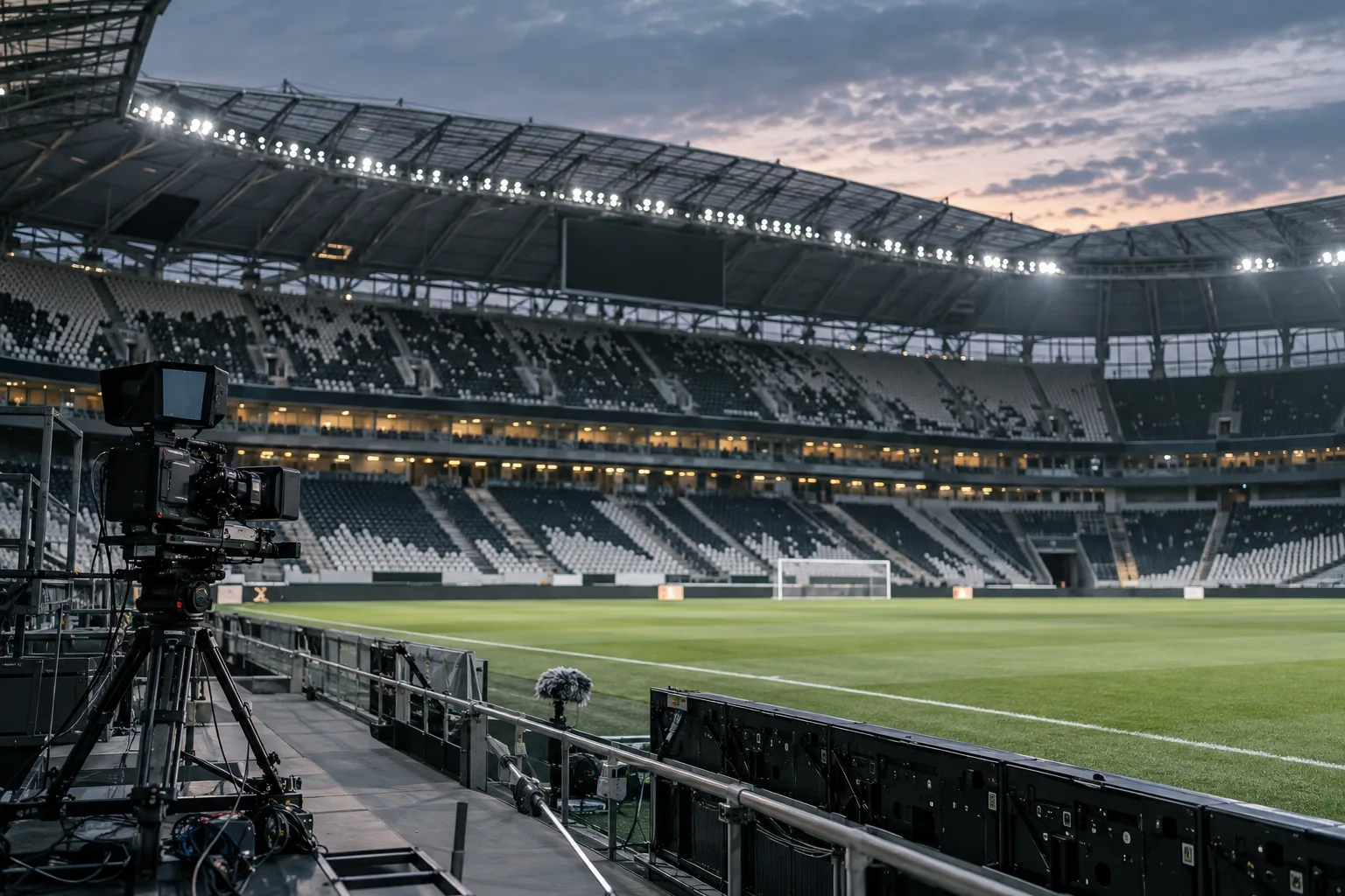 Broadcast camera infrastructure at the edge of an empty stadium pitch