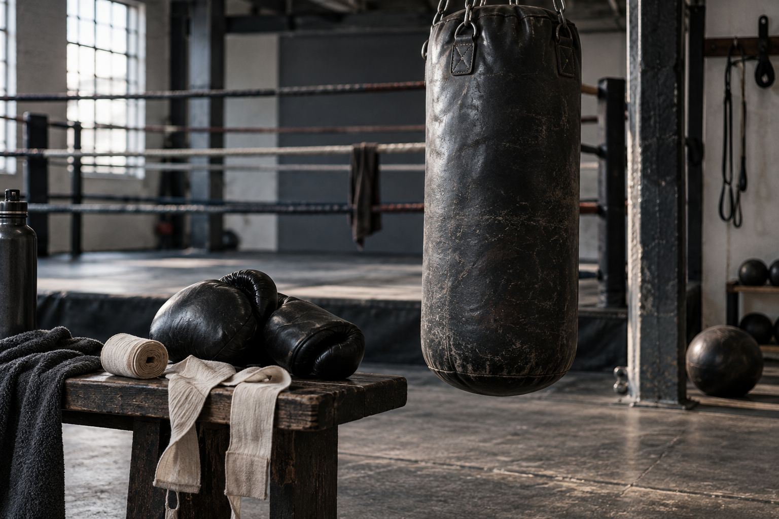 Heavy bag, plain boxing gloves and hand wraps in a disciplined combat training gym