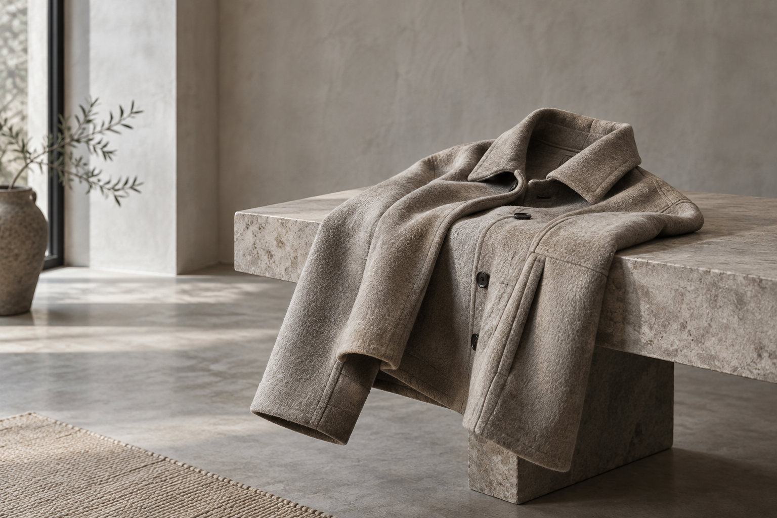 Heavyweight neutral garment arranged in a quiet architectural interior