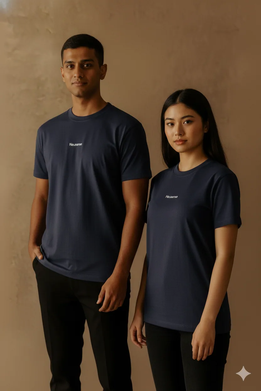 Two people wearing simple dark T-shirts in a softly lit interior