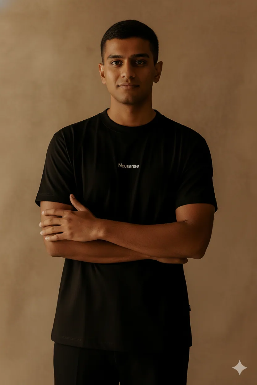 Person wearing a simple black T-shirt in warm natural light