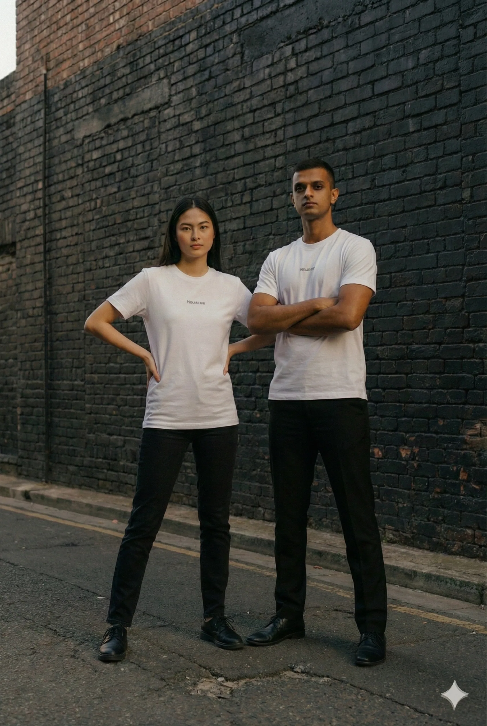 Two people wearing understated light T-shirts against a dark urban wall