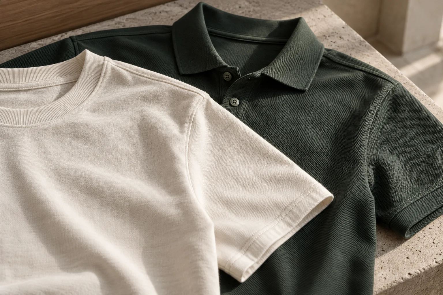 Close study of cotton T-shirt and polo fabric, collar details and stitching