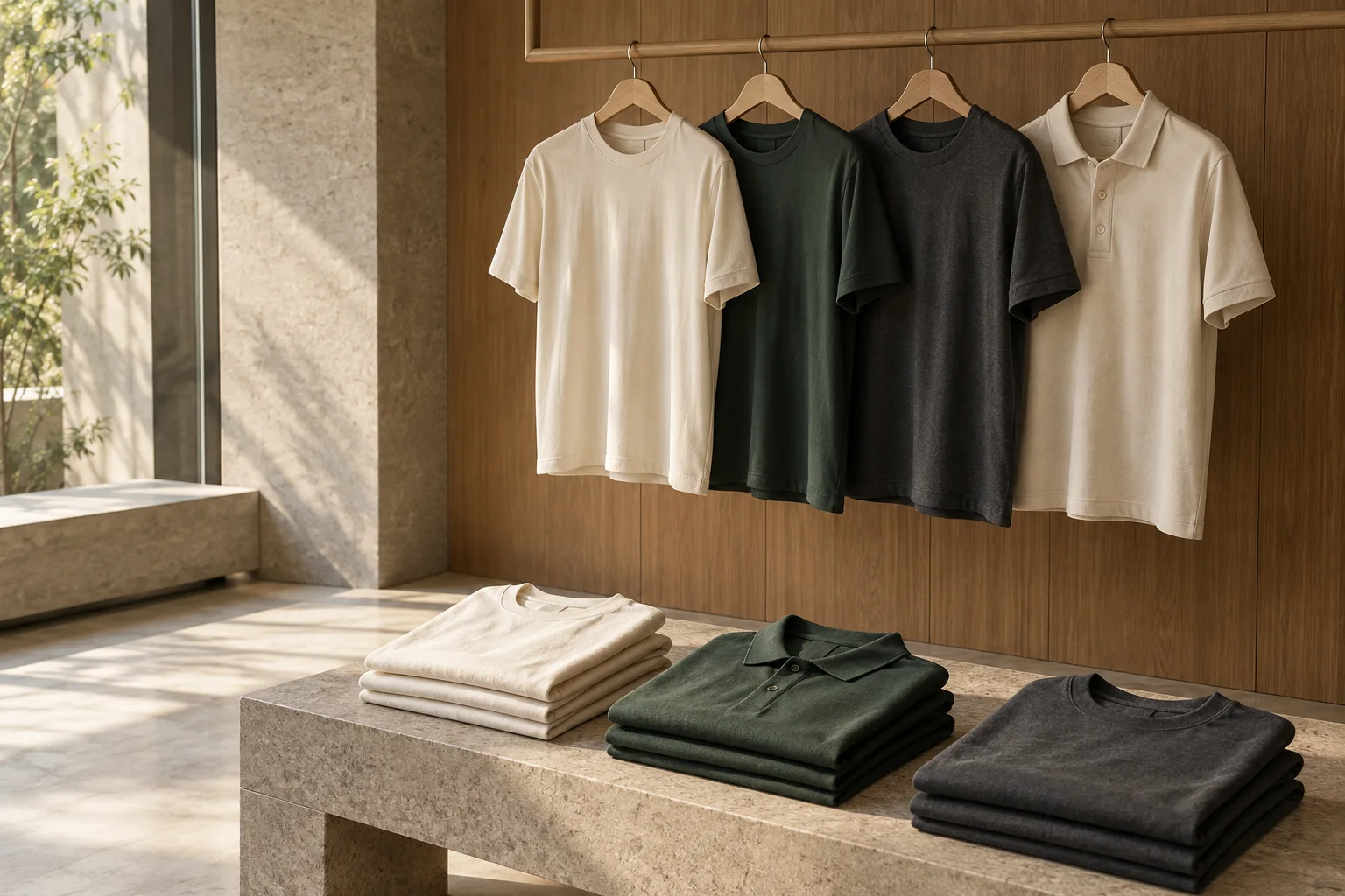 Unbranded T-shirts and polos in a quiet natural-light interior