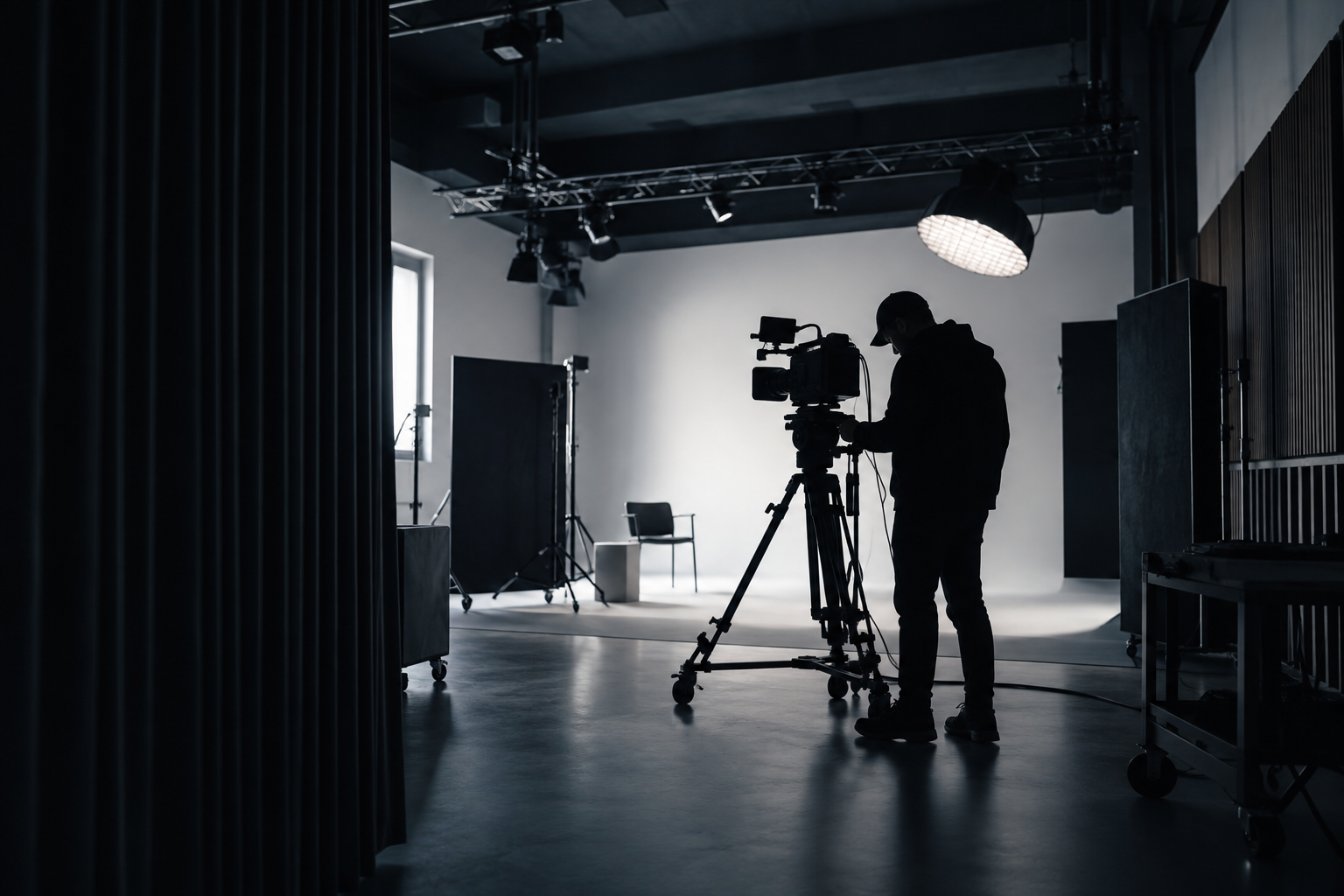 Camera operator working in a restrained media production studio